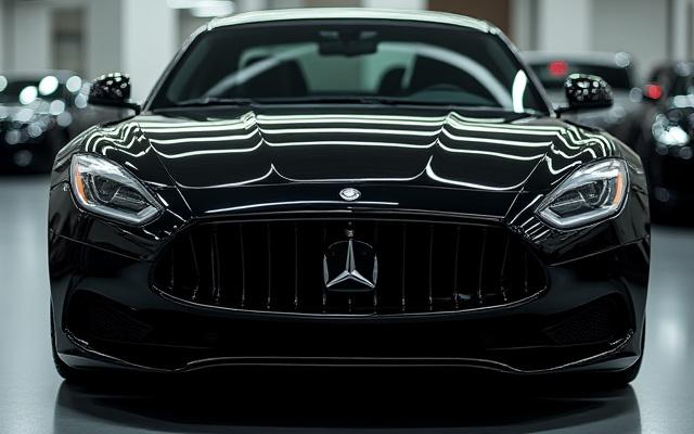 프리미엄 디테일링 후 광택나는 검은색 세단